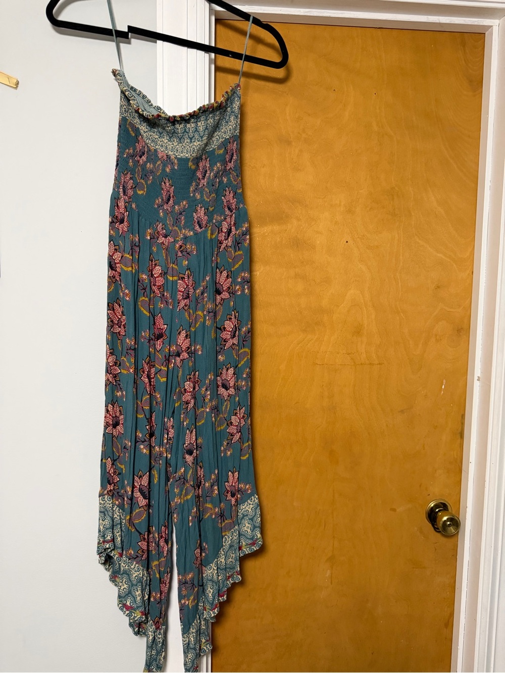 Angie Teal Floral Asymmetrical Handkerchief Hem Skirt with Pink Flowers